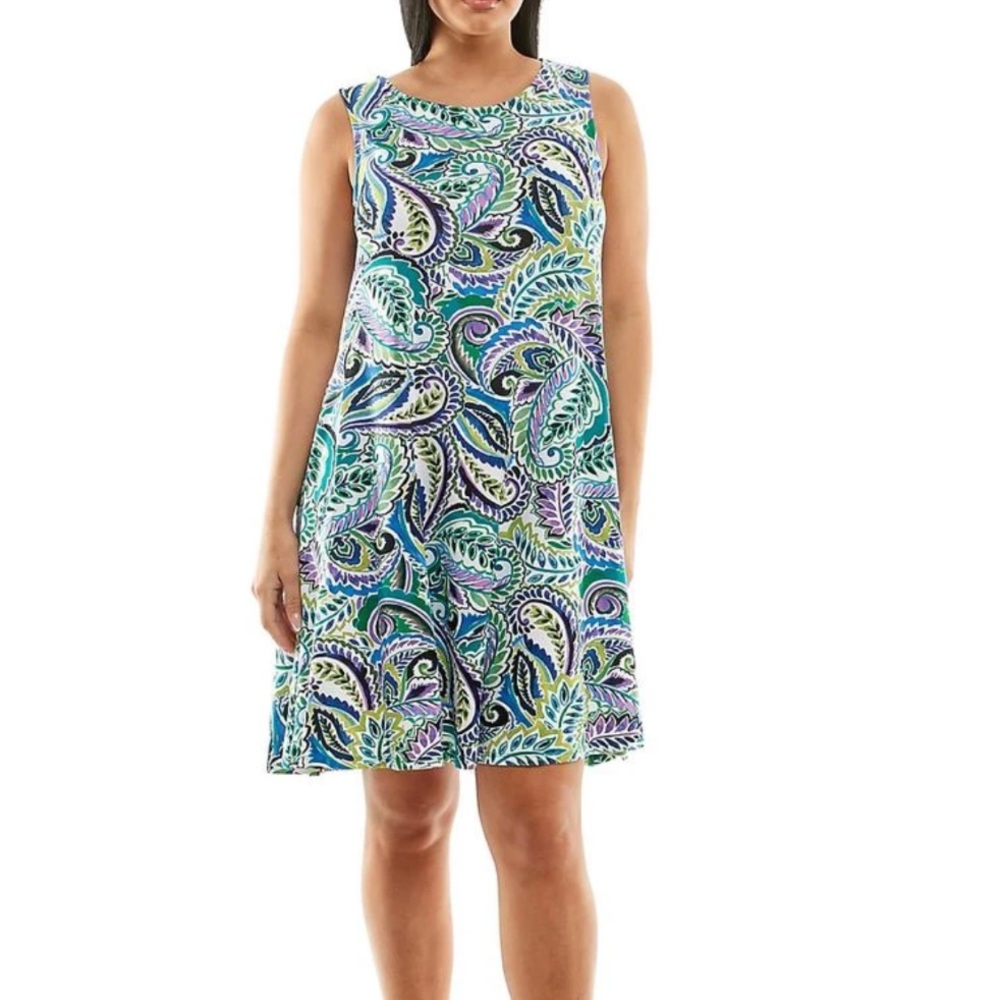 Nina Leonard Trapeze Dress Sleeveless Round Neck Large Pockets Multicolor